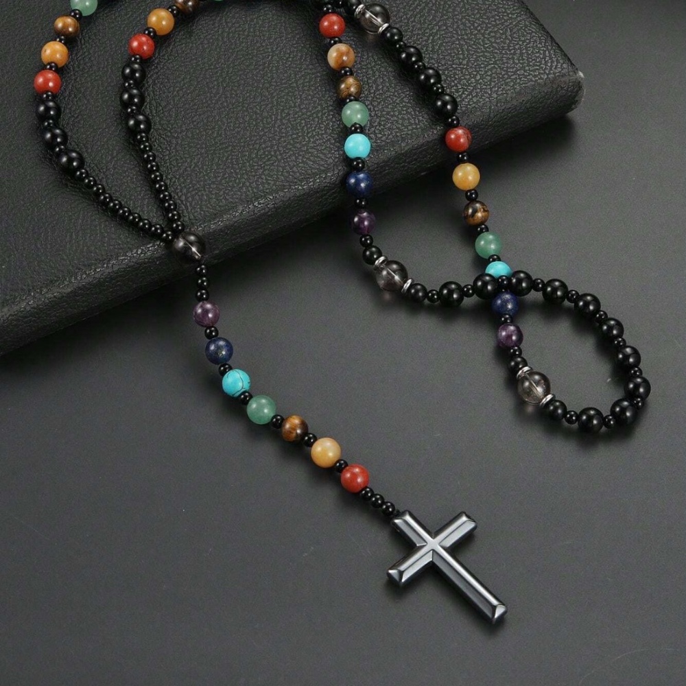 Multicolor Beaded Rosary Necklace with Cross Pendant